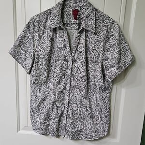 212 Collection Black And White Print Cotton Short Sleeved Blouse XL